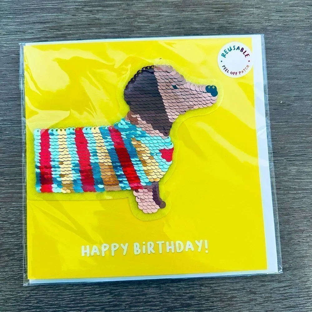 Dachshund Dog Rainbow Sequin Patch Happy Birthday Card